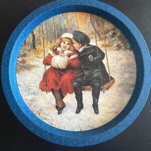 Victorian Boy Girl Winter Scene Swing Tin Serving Tray 12 Diameter